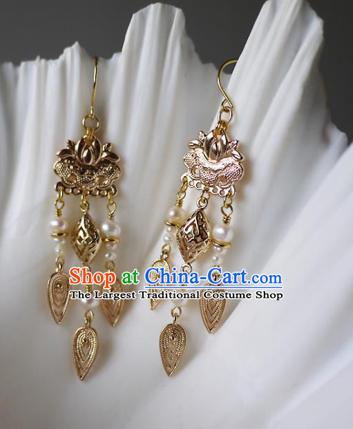 Chinese Ancient Court Pearls Tassel Ear Accessories Traditional Qing Dynasty Empress Golden Earrings