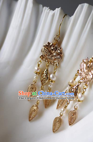 Chinese Ancient Court Pearls Tassel Ear Accessories Traditional Qing Dynasty Empress Golden Earrings