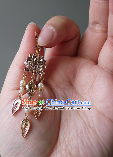 Chinese Ancient Court Pearls Tassel Ear Accessories Traditional Qing Dynasty Empress Golden Earrings