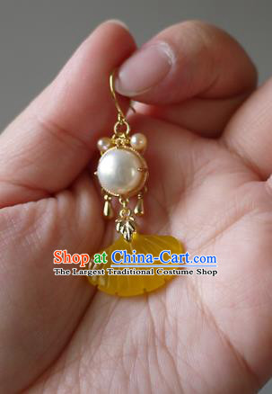 Chinese Ancient Princess Topaz Ginkgo Leaf Ear Accessories Traditional Qing Dynasty Pearls Earrings