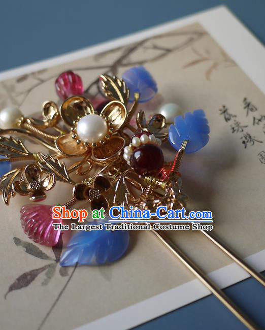 Chinese Ancient Imperial Consort Garnet Hairpin Hair Accessories Traditional Qing Dynasty Golden Plum Hair Stick