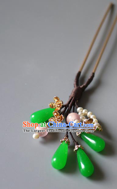 Chinese Ancient Young Female Hairpin Hair Accessories Traditional Qing Dynasty Rich Woman Chrysoprase Hair Stick