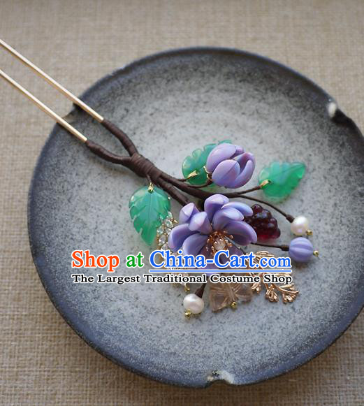 Chinese Ancient Royal Princess Purple Flowers Hairpin Traditional Ming Dynasty Palace Lady Hair Stick
