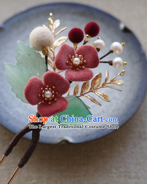 Chinese Ancient Noble Lady Pearls Hairpin Traditional Ming Dynasty Pink Flower Hair Stick