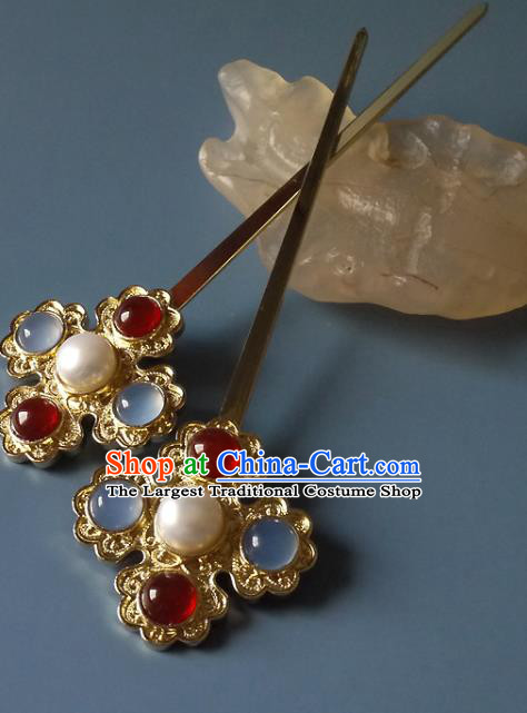 Chinese Ancient Queen Golden Hairpin Traditional Ming Dynasty Empress Gems Hair Stick