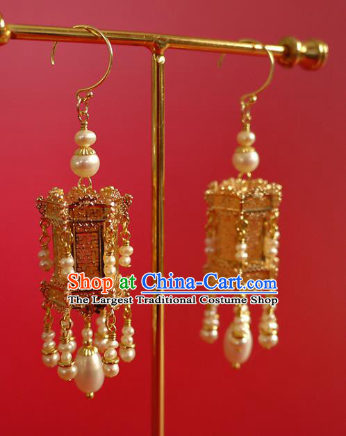 Chinese Ancient Empress Ear Accessories Traditional Ming Dynasty Golden Palace Lantern Earrings