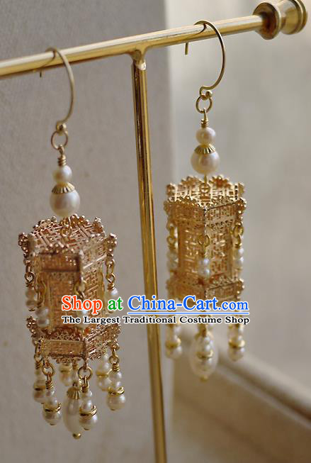 Chinese Ancient Empress Ear Accessories Traditional Ming Dynasty Golden Palace Lantern Earrings