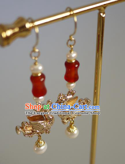 Chinese Ancient Court Woman Golden Phoenix Ear Accessories Traditional Ming Dynasty Empress Agate Pearls Earrings