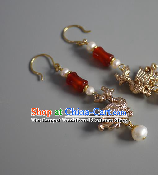 Chinese Ancient Court Woman Golden Phoenix Ear Accessories Traditional Ming Dynasty Empress Agate Pearls Earrings