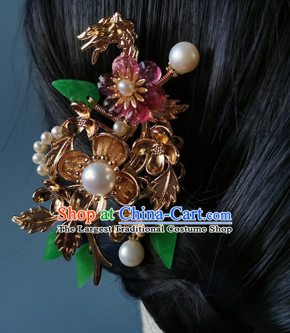 Chinese Ancient Queen Golden Plum Hairpin Hair Accessories Traditional Qing Dynasty Imperial Consort Garnet Hair Stick