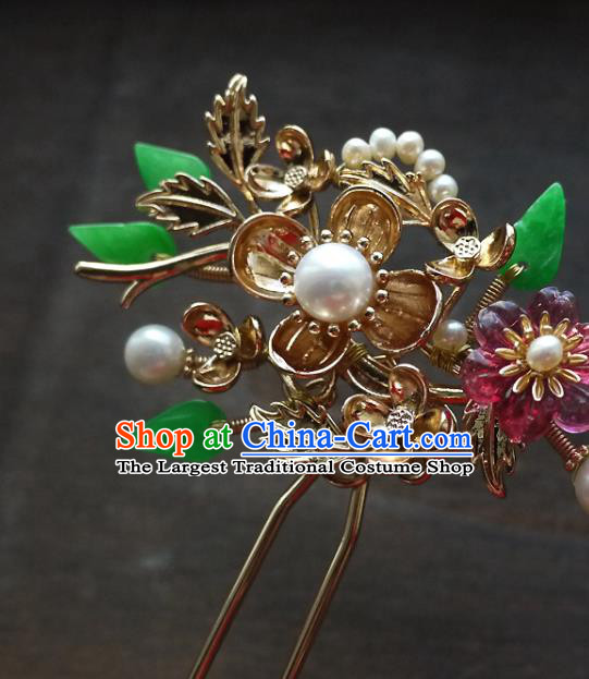 Chinese Ancient Queen Golden Plum Hairpin Hair Accessories Traditional Qing Dynasty Imperial Consort Garnet Hair Stick