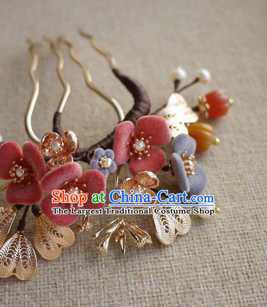 Chinese Ancient Young Beauty Pearls Hairpin Traditional Song Dynasty Princess Flowers Hair Comb