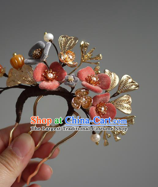 Chinese Ancient Young Beauty Pearls Hairpin Traditional Song Dynasty Princess Flowers Hair Comb