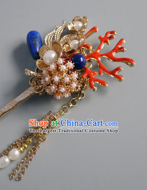 Chinese Ancient Empress Golden Tassel Hairpin Traditional Qing Dynasty Queen Coral Hair Stick