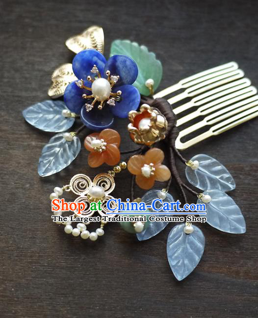 Chinese Ancient Empress Jade Hairpin Hair Accessories Traditional Qing Dynasty Imperial Consort Lapis Plum Hair Comb