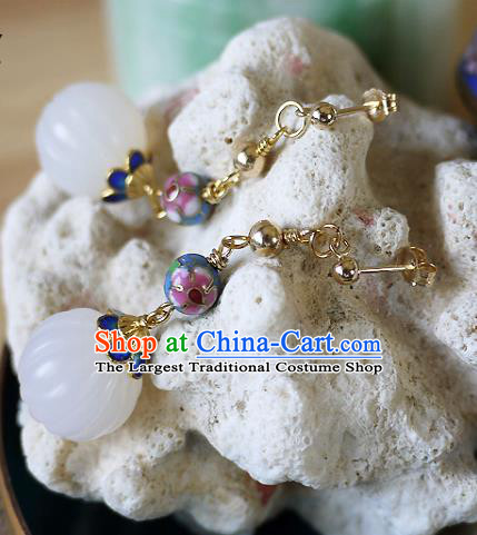 Chinese Ancient Qing Dynasty Empress White Jade Ear Accessories Traditional Cheongsam Enamel Earrings