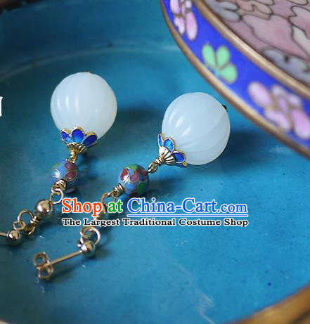 Chinese Ancient Qing Dynasty Empress White Jade Ear Accessories Traditional Cheongsam Enamel Earrings