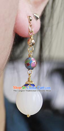 Chinese Ancient Qing Dynasty Empress White Jade Ear Accessories Traditional Cheongsam Enamel Earrings