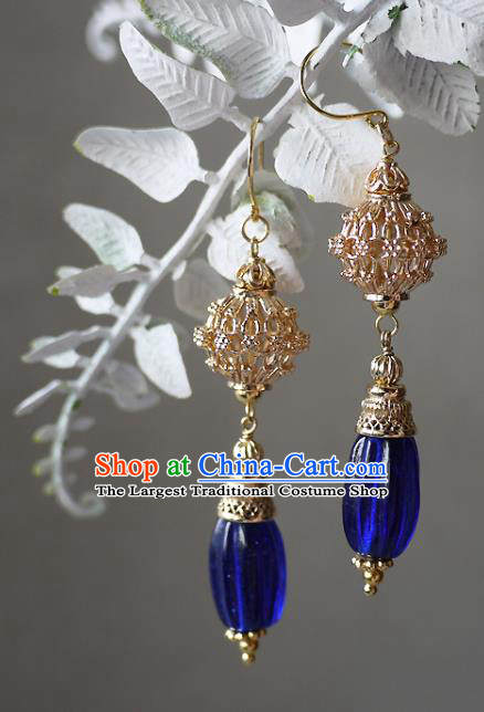 Chinese Ancient Qing Dynasty Palace Lady Ear Accessories Traditional Cheongsam Golden Lantern Earrings