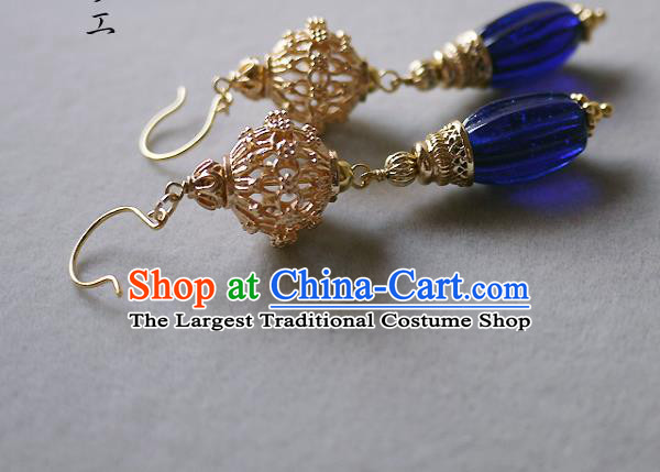 Chinese Ancient Qing Dynasty Palace Lady Ear Accessories Traditional Cheongsam Golden Lantern Earrings