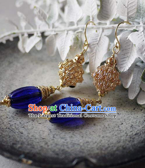 Chinese Ancient Qing Dynasty Palace Lady Ear Accessories Traditional Cheongsam Golden Lantern Earrings