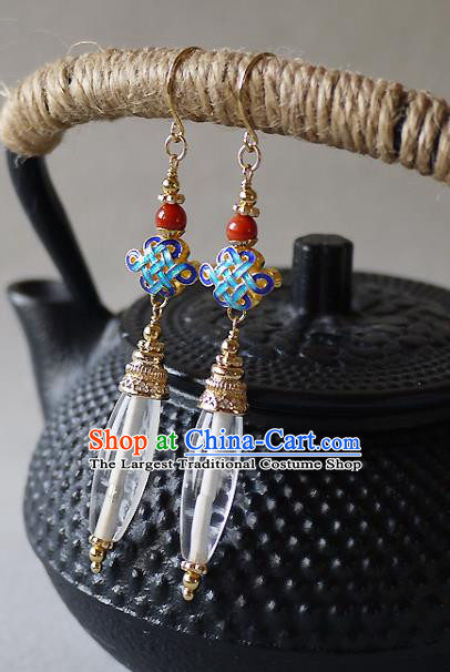 Chinese Ancient Court Woman Cloisonne Ear Accessories Traditional Cheongsam White Crystal Earrings