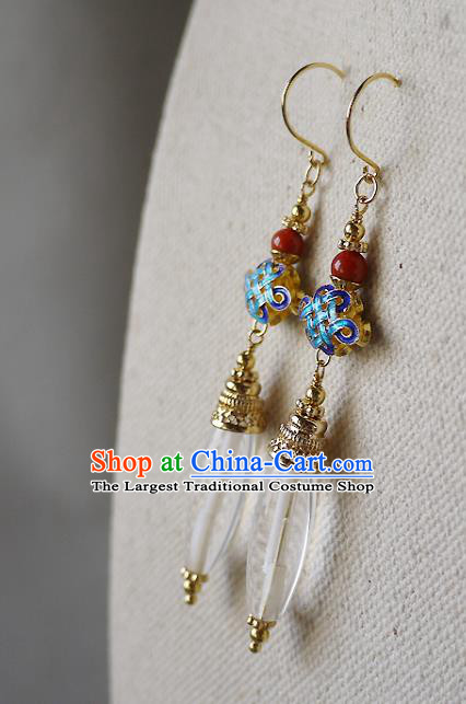 Chinese Ancient Court Woman Cloisonne Ear Accessories Traditional Cheongsam White Crystal Earrings