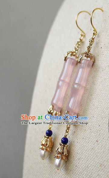 Chinese Ancient Imperial Consort Rose Quartz Ear Accessories Traditional Cheongsam Pearls Earrings