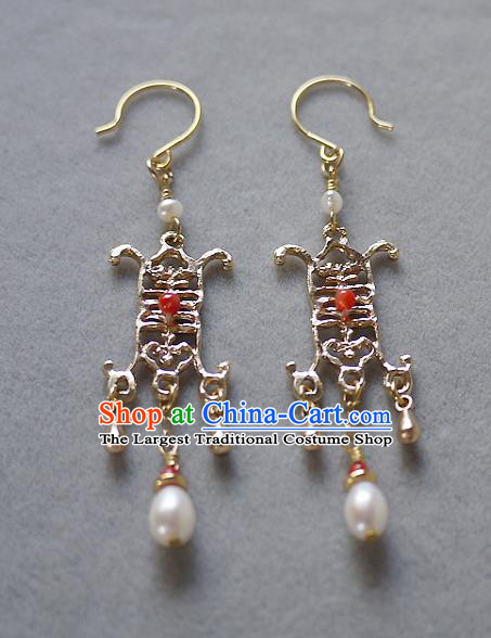 Chinese Ancient Royal Empress Ear Accessories Traditional Cheongsam Wedding Golden Earrings