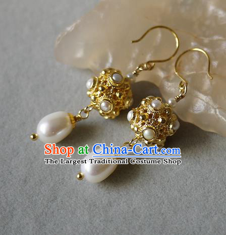 Chinese Ancient Tang Dynasty Princess Ear Accessories Traditional Cheongsam Pearls Golden Earrings