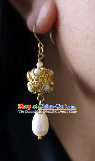 Chinese Ancient Tang Dynasty Princess Ear Accessories Traditional Cheongsam Pearls Golden Earrings