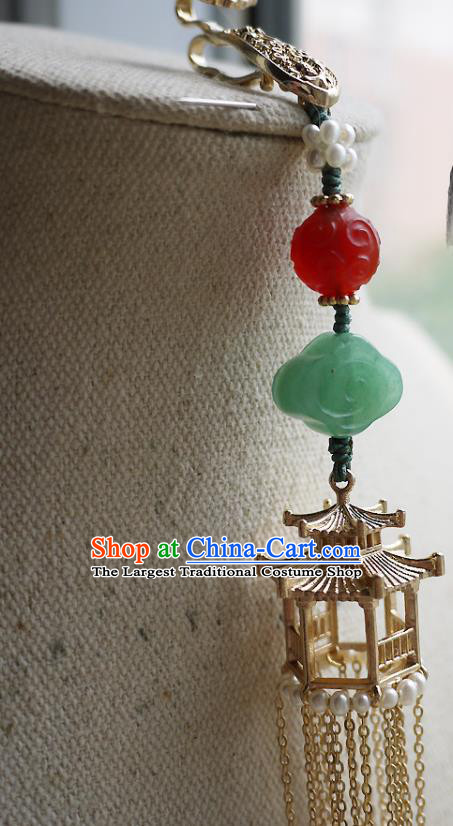 China Traditional Cheongsam Golden Pavilion Tassel Accessories Ancient Qing Dynasty Brooch Pendant