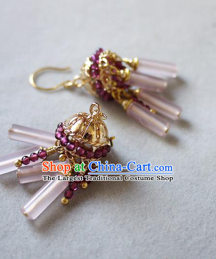 Chinese Traditional Cheongsam Garnet Beads Earrings Ancient Qing Dynasty Imperial Consort Ear Accessories