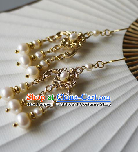 Chinese Ancient Empress Pearls Tassel Ear Accessories Traditional Qing Dynasty Court Golden Earrings