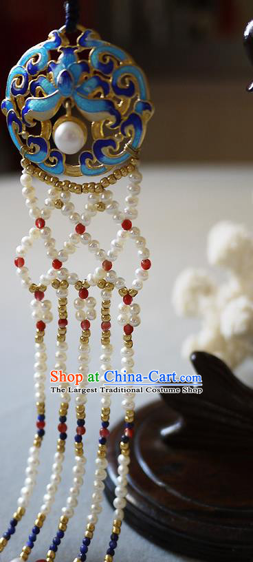 China Traditional Cheongsam Pearls Tassel Accessories Ancient Qing Dynasty Cloisonne Lotus Brooch Pendant