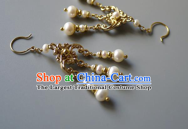 Chinese Ancient Empress Pearls Tassel Ear Accessories Traditional Qing Dynasty Court Golden Earrings