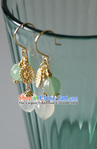 Chinese Ancient Court Lady Ear Accessories Traditional Qing Dynasty White Chalcedony Earrings