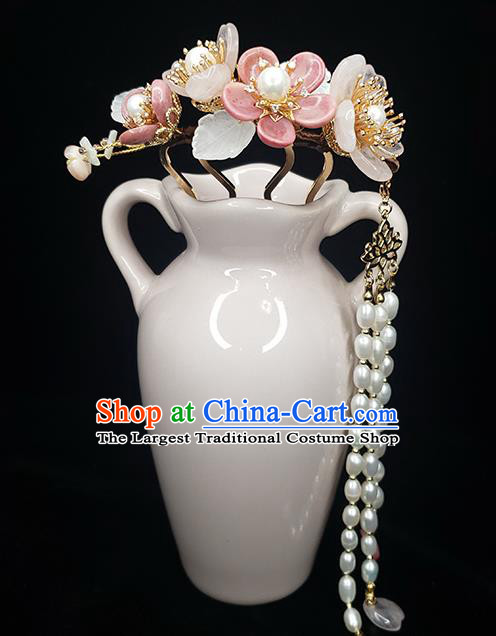 Chinese Ancient Court Lady Begonia Hairpin Traditional Song Dynasty Pearls Tassel Hair Comb