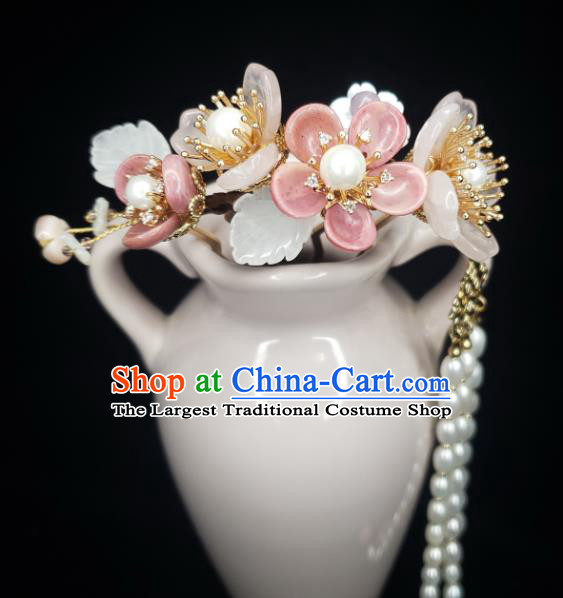 Chinese Ancient Court Lady Begonia Hairpin Traditional Song Dynasty Pearls Tassel Hair Comb