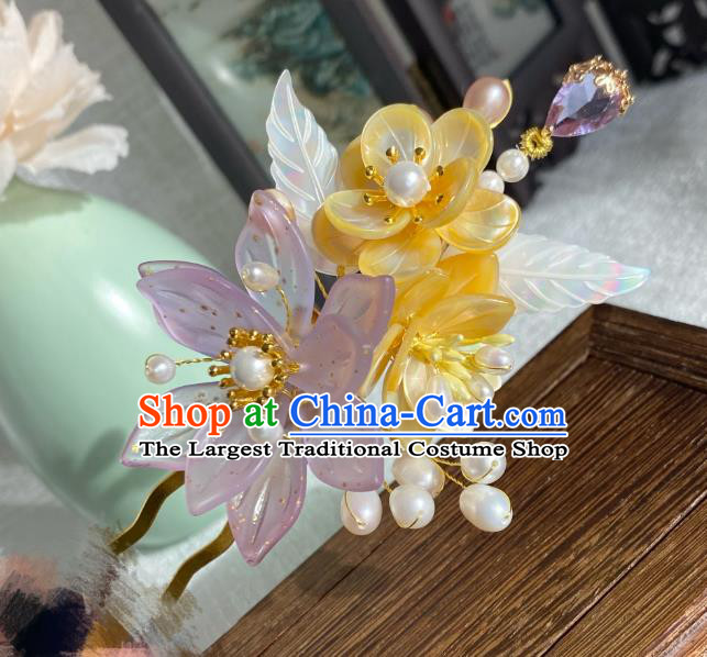 Chinese Ancient Princess Yellow Shell Plum Hairpin Traditional Ming Dynasty Young Lady Lilac Flower Hair Stick