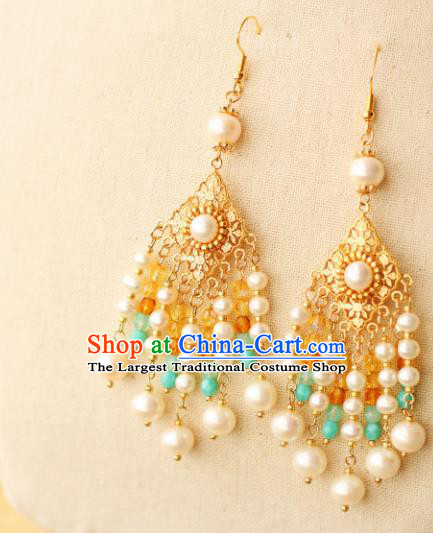 Chinese Ancient Tang Dynasty Imperial Consort Ear Accessories Traditional Hanfu Pearls Tassel Earrings