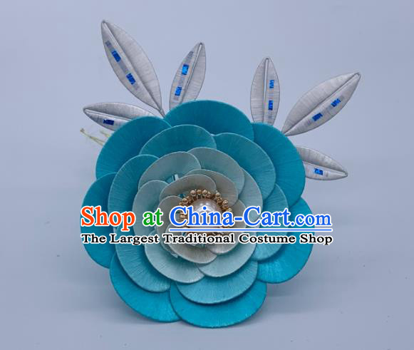 China Handmade Blue Silk Camellia Hairpin Traditional Hanfu Hair Accessories Ancient Tang Dynasty Hair Stick