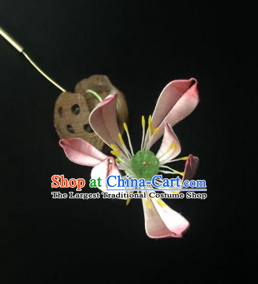 China Handmade Pink Silk Lotus Hairpin Traditional Hanfu Hair Accessories Ancient Song Dynasty Empress Hair Stick