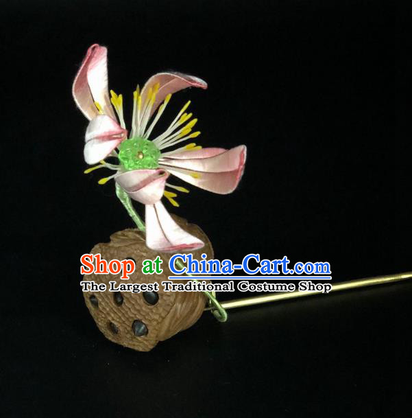 China Handmade Pink Silk Lotus Hairpin Traditional Hanfu Hair Accessories Ancient Song Dynasty Empress Hair Stick