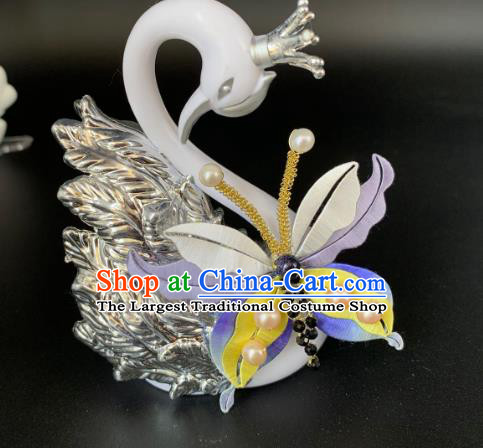 China Handmade Lilac Silk Butterfly Hairpin Traditional Hanfu Hair Accessories Ancient Song Dynasty Princess Pearls Hair Stick
