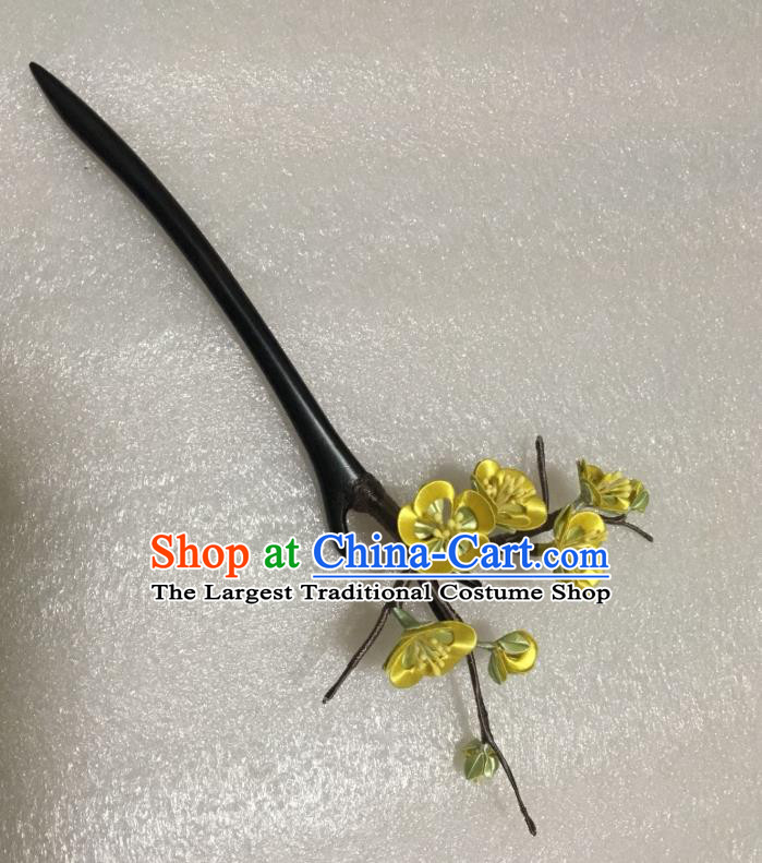 China Handmade Yellow Silk Plum Blossom Hairpin Traditional Hanfu Hair Accessories Ancient Swordswoman Ebony Hair Stick