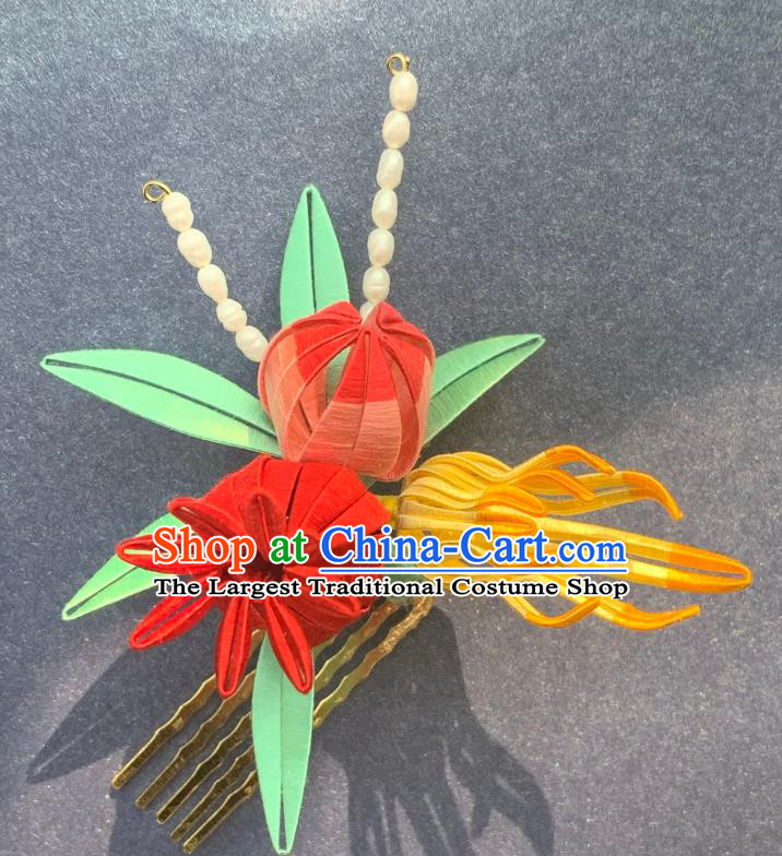China Handmade Silk Flowers Hairpin Traditional Hanfu Hair Accessories Ancient Young Lady Hair Comb
