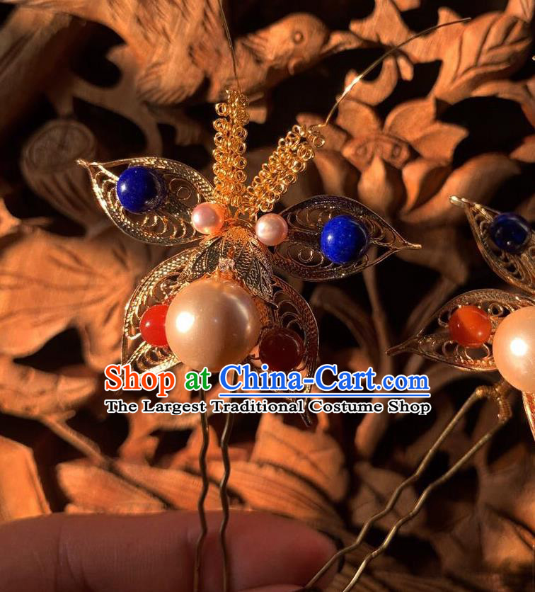 China Handmade Golden Butterfly Hairpin Traditional Ming Dynasty Hair Accessories Ancient Imperial Concubine Pearls Hair Stick