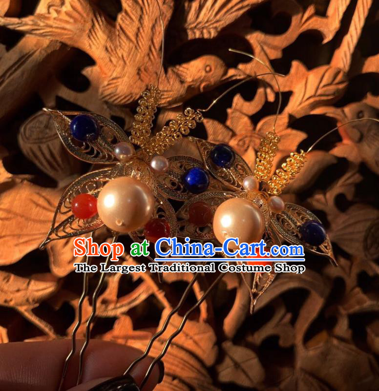 China Handmade Golden Butterfly Hairpin Traditional Ming Dynasty Hair Accessories Ancient Imperial Concubine Pearls Hair Stick
