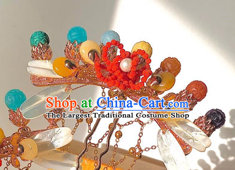 China Handmade Golden Tassel Hairpin Traditional Song Dynasty Hair Accessories Ancient Imperial Concubine Gems Hair Comb